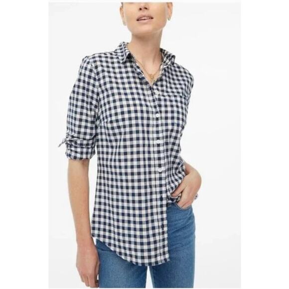 J CREW Womens Shirt Gingham Signature Fit Button Up Navy Blue White Plaid XS - Picture 1 of 12